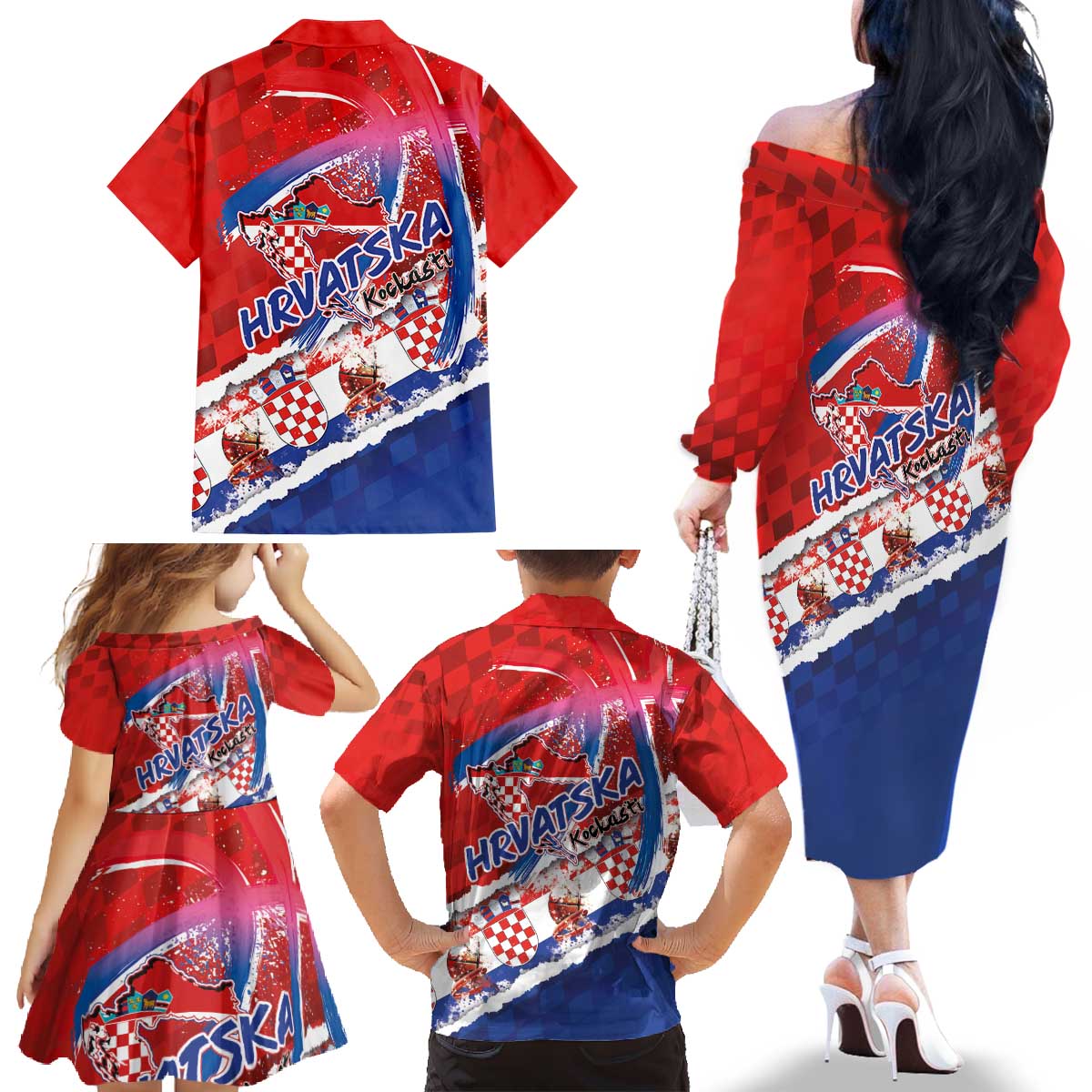 Basketball Fan Jersey Croatian Family Matching Off The Shoulder Long Sleeve Dress and Hawaiian Shirt Hrvatska-The Chequered Ones - Wonder Print Shop