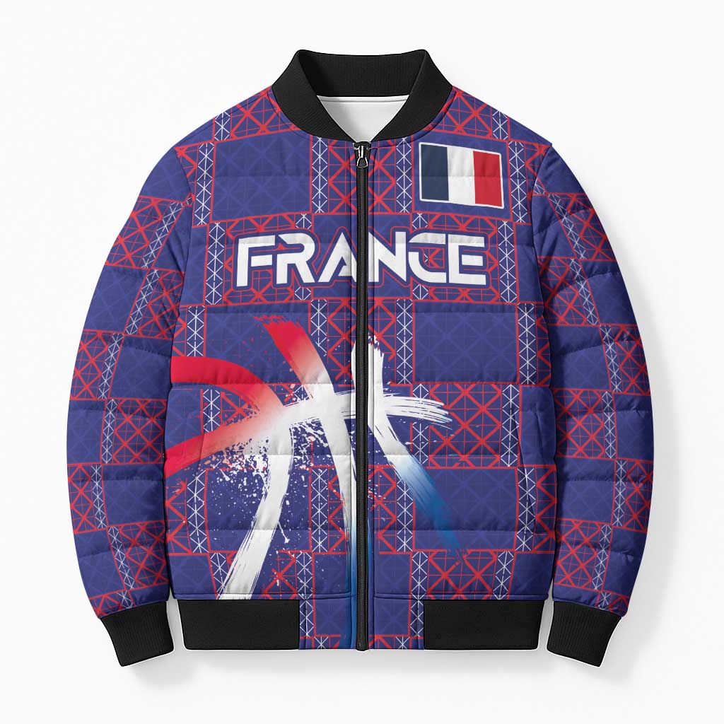 Custom Basketball Fan Jersey French Bomber Puffer Jacket Paris Architectural Heritage Checkered Style - Wonder Print Shop