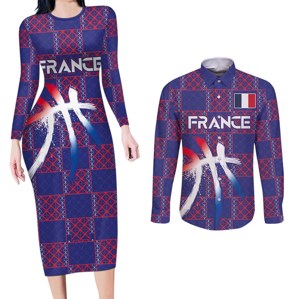 Custom Basketball Fan Jersey French Couples Matching Long Sleeve Bodycon Dress and Long Sleeve Button Shirt Paris Architectural Heritage Checkered Style - Wonder Print Shop