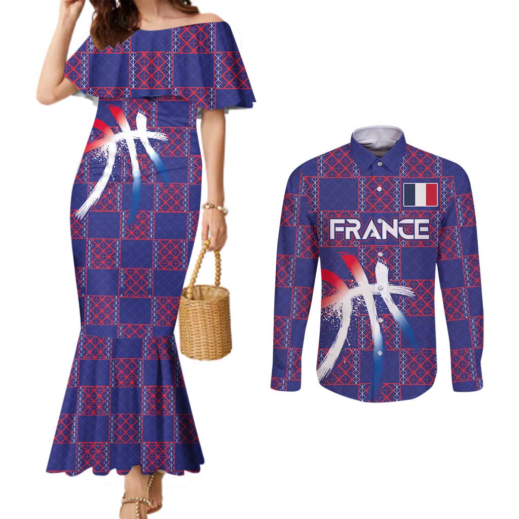 Custom Basketball Fan Jersey French Couples Matching Mermaid Dress and Long Sleeve Button Shirt Paris Architectural Heritage Checkered Style - Wonder Print Shop