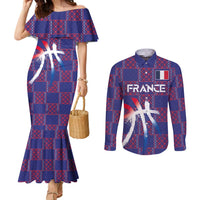 Custom Basketball Fan Jersey French Couples Matching Mermaid Dress and Long Sleeve Button Shirt Paris Architectural Heritage Checkered Style - Wonder Print Shop