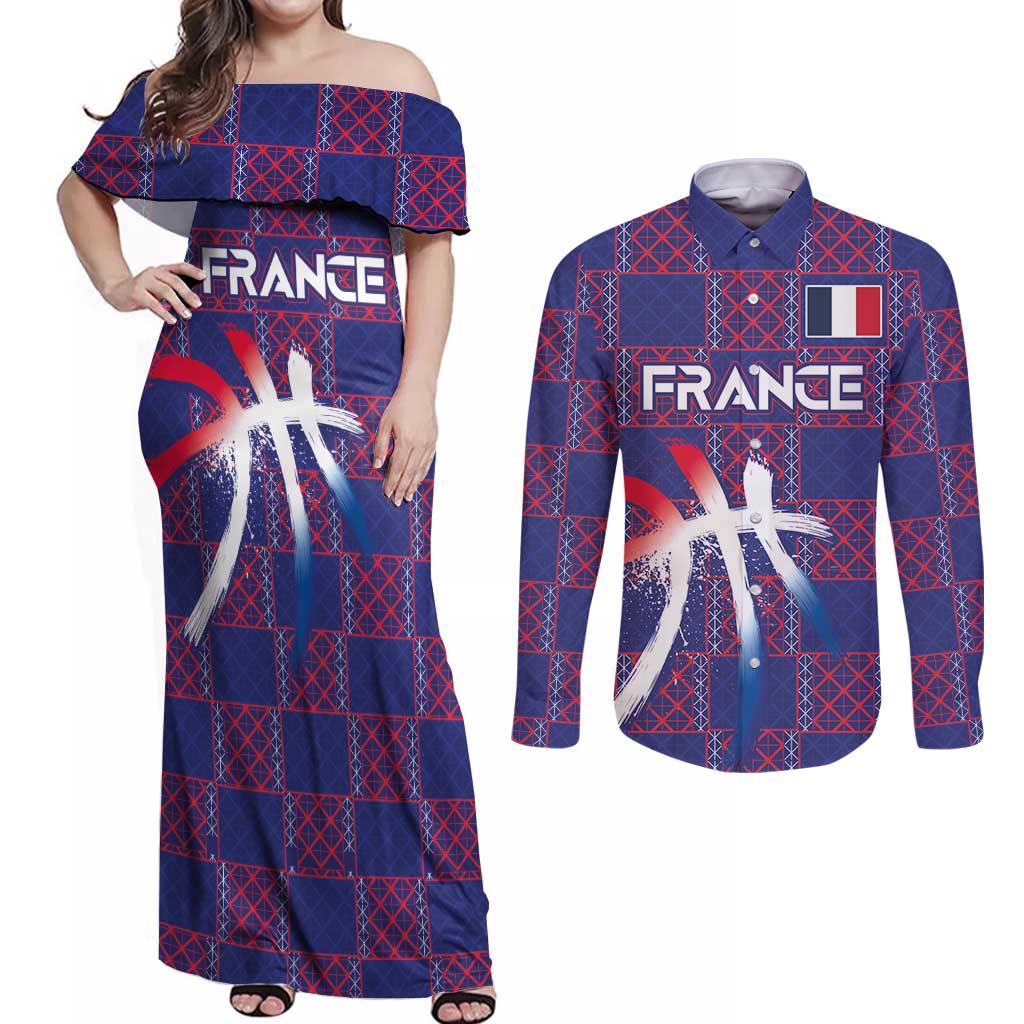 Custom Basketball Fan Jersey French Couples Matching Off Shoulder Maxi Dress and Long Sleeve Button Shirt Paris Architectural Heritage Checkered Style - Wonder Print Shop