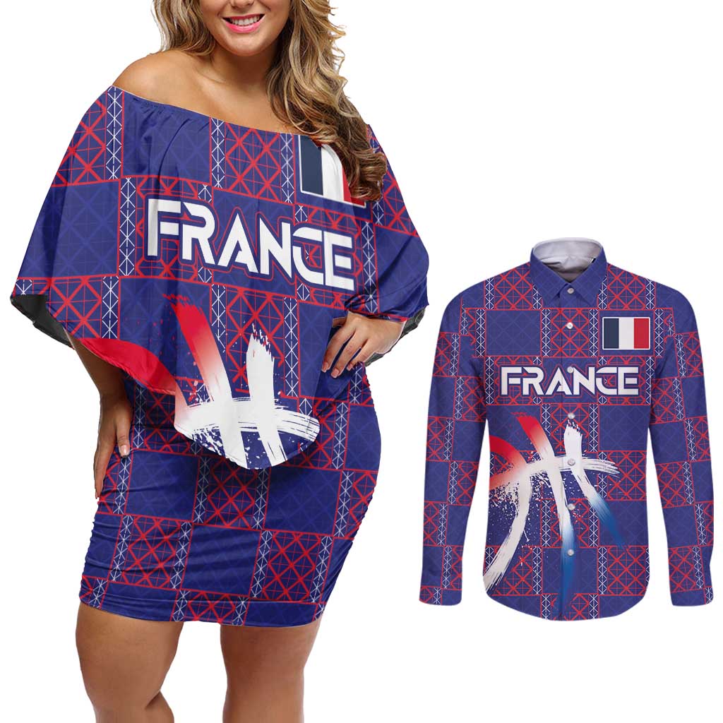 Custom Basketball Fan Jersey French Couples Matching Off Shoulder Short Dress and Long Sleeve Button Shirt Paris Architectural Heritage Checkered Style - Wonder Print Shop