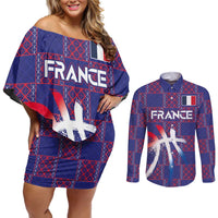 Custom Basketball Fan Jersey French Couples Matching Off Shoulder Short Dress and Long Sleeve Button Shirt Paris Architectural Heritage Checkered Style - Wonder Print Shop