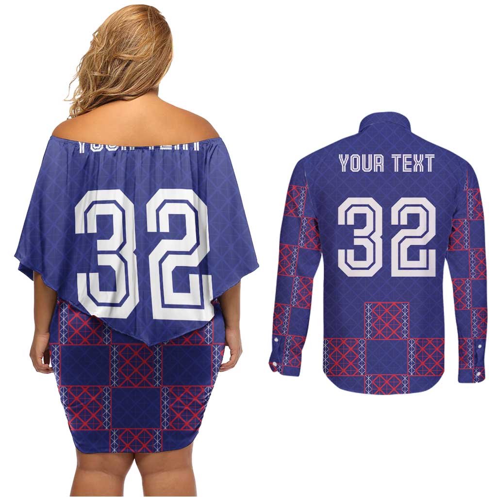 Custom Basketball Fan Jersey French Couples Matching Off Shoulder Short Dress and Long Sleeve Button Shirt Paris Architectural Heritage Checkered Style - Wonder Print Shop