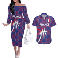 Custom Basketball Fan Jersey French Couples Matching Off The Shoulder Long Sleeve Dress and Hawaiian Shirt Paris Architectural Heritage Checkered Style - Wonder Print Shop