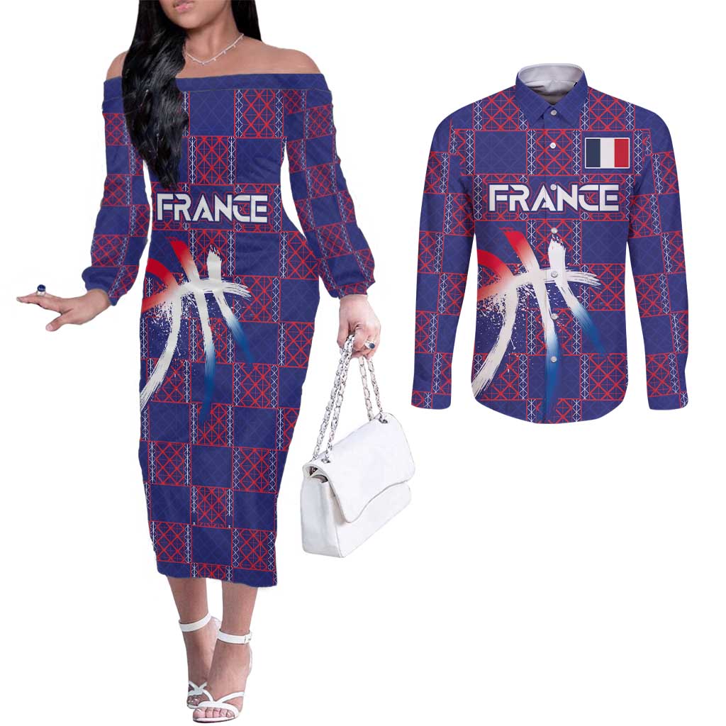 Custom Basketball Fan Jersey French Couples Matching Off The Shoulder Long Sleeve Dress and Long Sleeve Button Shirt Paris Architectural Heritage Checkered Style - Wonder Print Shop