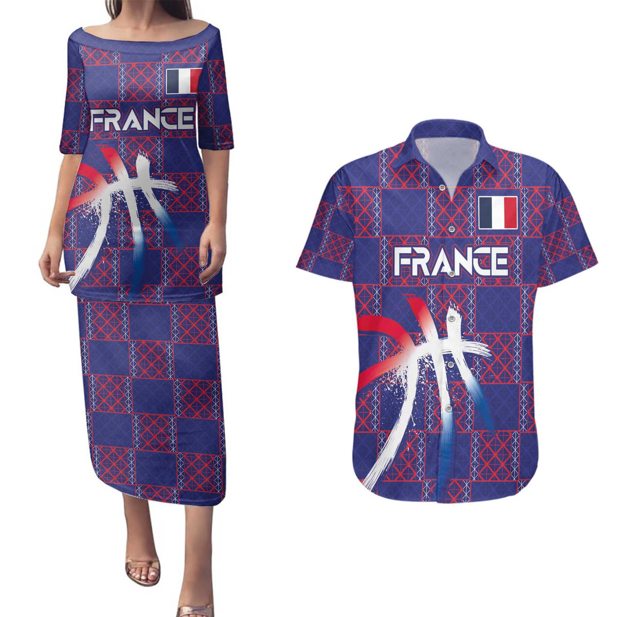 Custom Basketball Fan Jersey French Couples Matching Puletasi and Hawaiian Shirt Paris Architectural Heritage Checkered Style - Wonder Print Shop