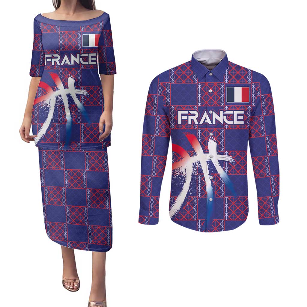 Custom Basketball Fan Jersey French Couples Matching Puletasi and Long Sleeve Button Shirt Paris Architectural Heritage Checkered Style - Wonder Print Shop