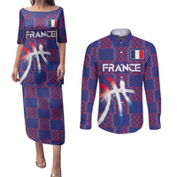 Custom Basketball Fan Jersey French Couples Matching Puletasi and Long Sleeve Button Shirt Paris Architectural Heritage Checkered Style - Wonder Print Shop