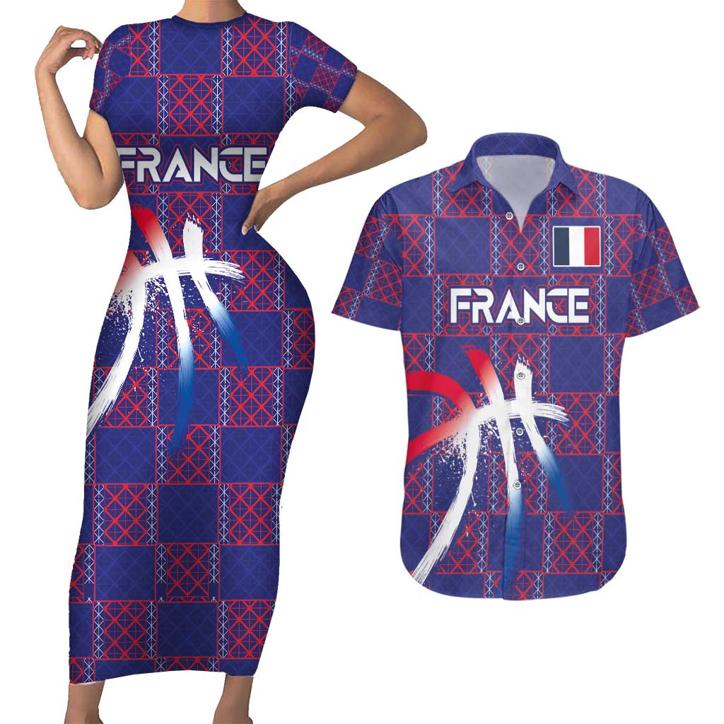 Custom Basketball Fan Jersey French Couples Matching Short Sleeve Bodycon Dress and Hawaiian Shirt Paris Architectural Heritage Checkered Style - Wonder Print Shop