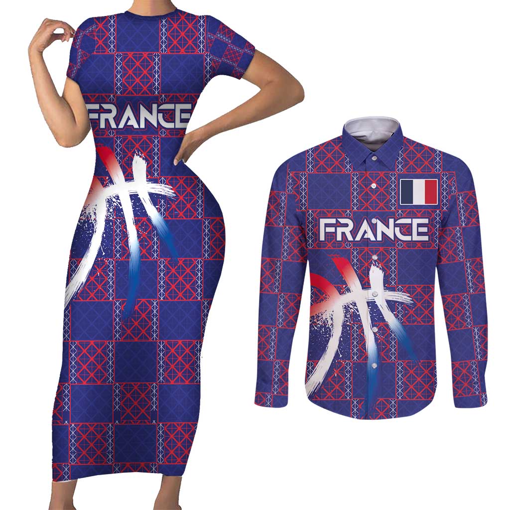 Custom Basketball Fan Jersey French Couples Matching Short Sleeve Bodycon Dress and Long Sleeve Button Shirt Paris Architectural Heritage Checkered Style - Wonder Print Shop