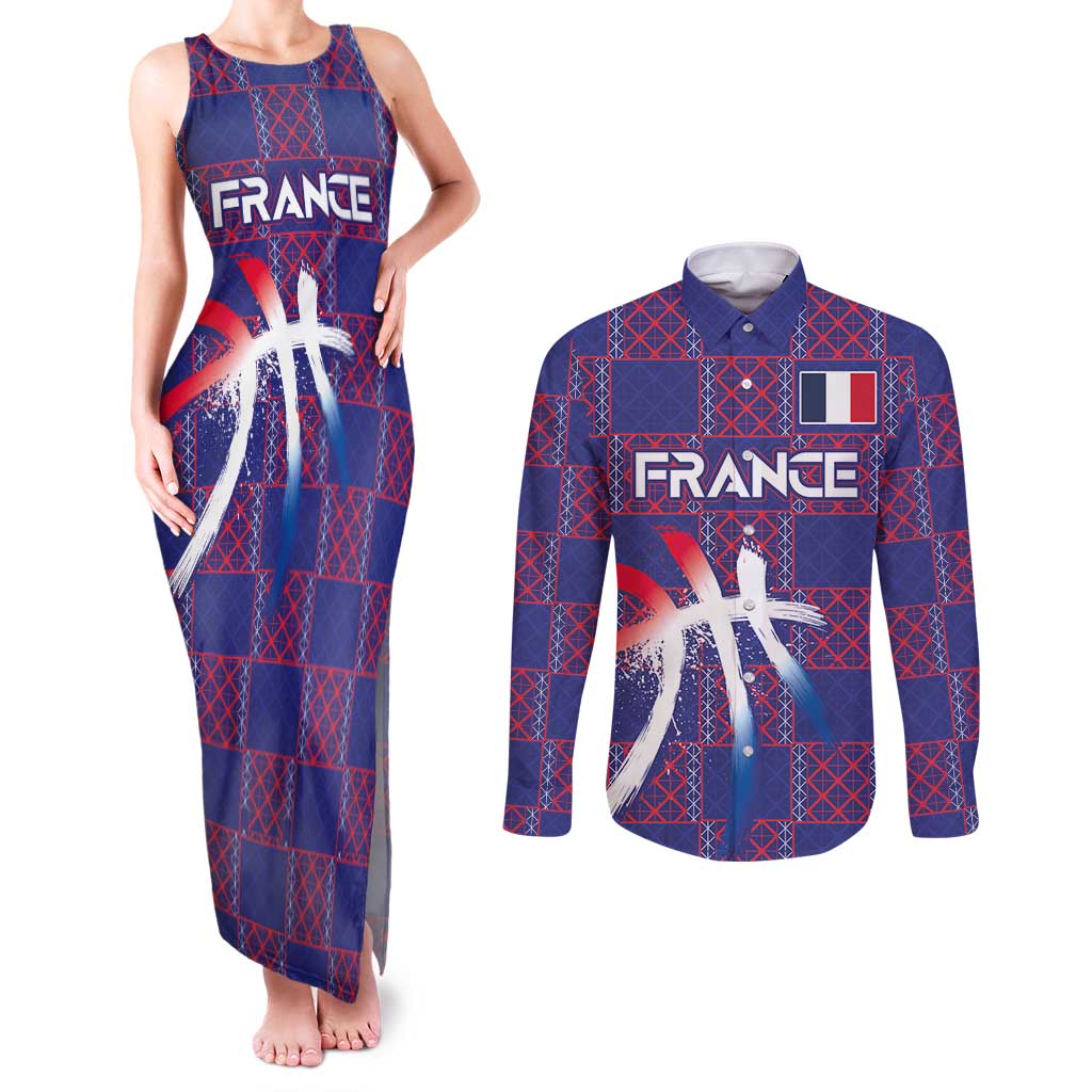 Custom Basketball Fan Jersey French Couples Matching Tank Maxi Dress and Long Sleeve Button Shirt Paris Architectural Heritage Checkered Style - Wonder Print Shop