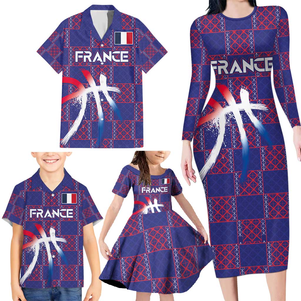 Custom Basketball Fan Jersey French Family Matching Long Sleeve Bodycon Dress and Hawaiian Shirt Paris Architectural Heritage Checkered Style - Wonder Print Shop