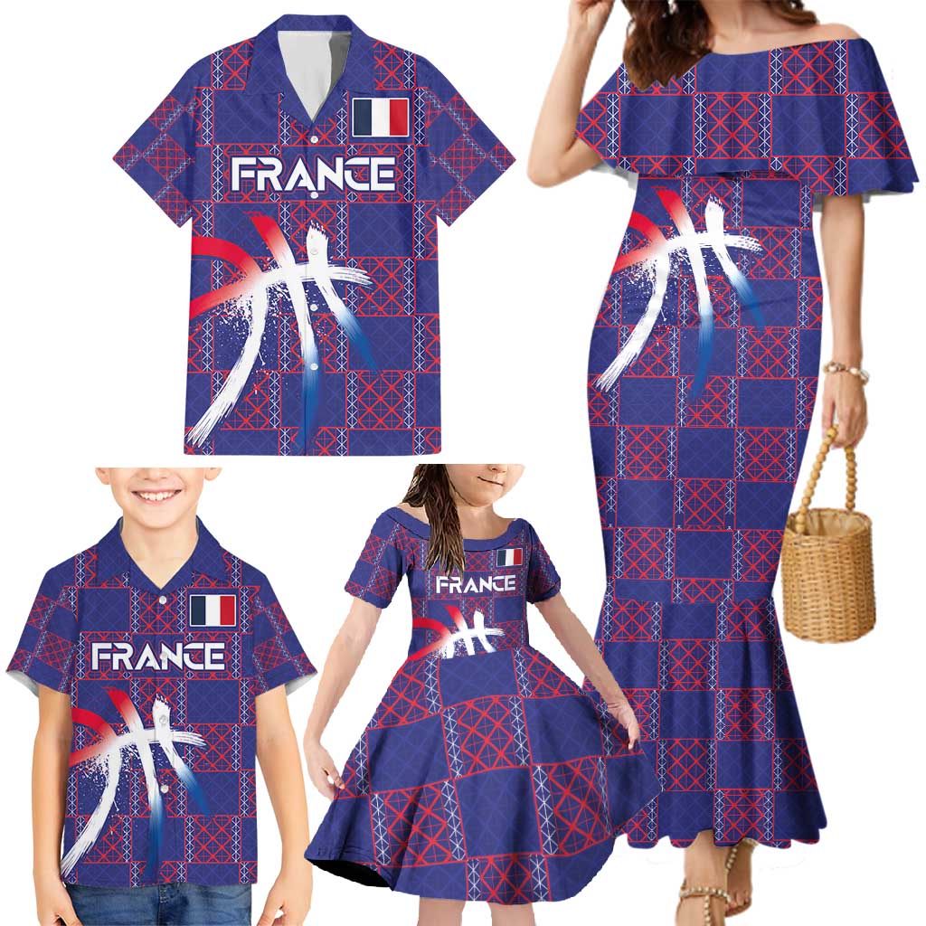 Custom Basketball Fan Jersey French Family Matching Mermaid Dress and Hawaiian Shirt Paris Architectural Heritage Checkered Style - Wonder Print Shop