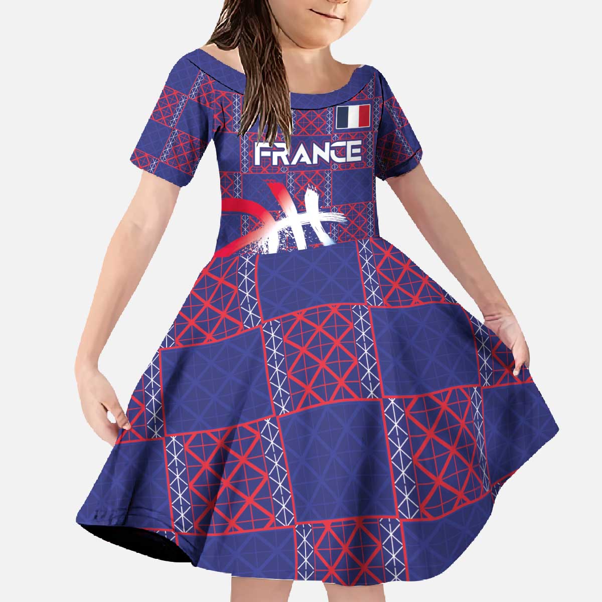 Custom Basketball Fan Jersey French Family Matching Off The Shoulder Long Sleeve Dress and Hawaiian Shirt Paris Architectural Heritage Checkered Style - Wonder Print Shop