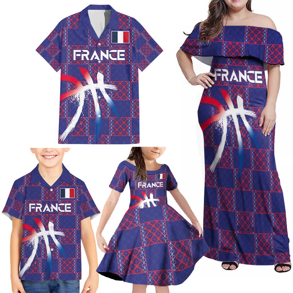 Custom Basketball Fan Jersey French Family Matching Off Shoulder Maxi Dress and Hawaiian Shirt Paris Architectural Heritage Checkered Style - Wonder Print Shop