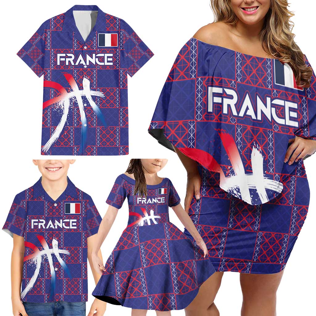 Custom Basketball Fan Jersey French Family Matching Off Shoulder Short Dress and Hawaiian Shirt Paris Architectural Heritage Checkered Style - Wonder Print Shop
