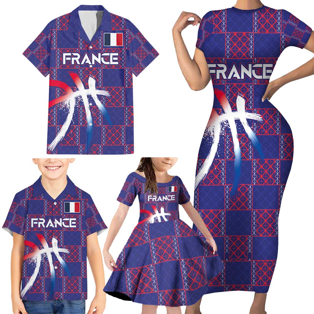 Custom Basketball Fan Jersey French Family Matching Short Sleeve Bodycon Dress and Hawaiian Shirt Paris Architectural Heritage Checkered Style - Wonder Print Shop