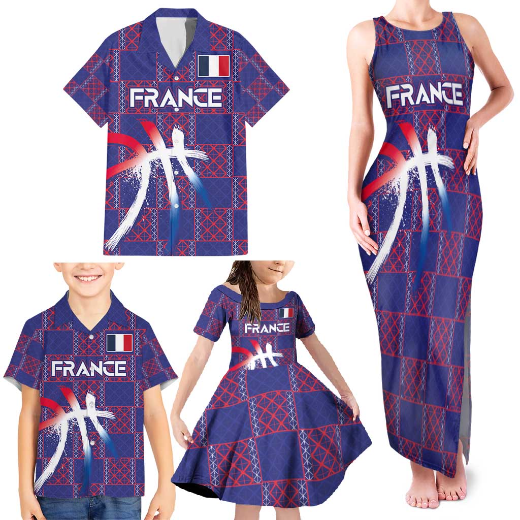 Custom Basketball Fan Jersey French Family Matching Tank Maxi Dress and Hawaiian Shirt Paris Architectural Heritage Checkered Style - Wonder Print Shop