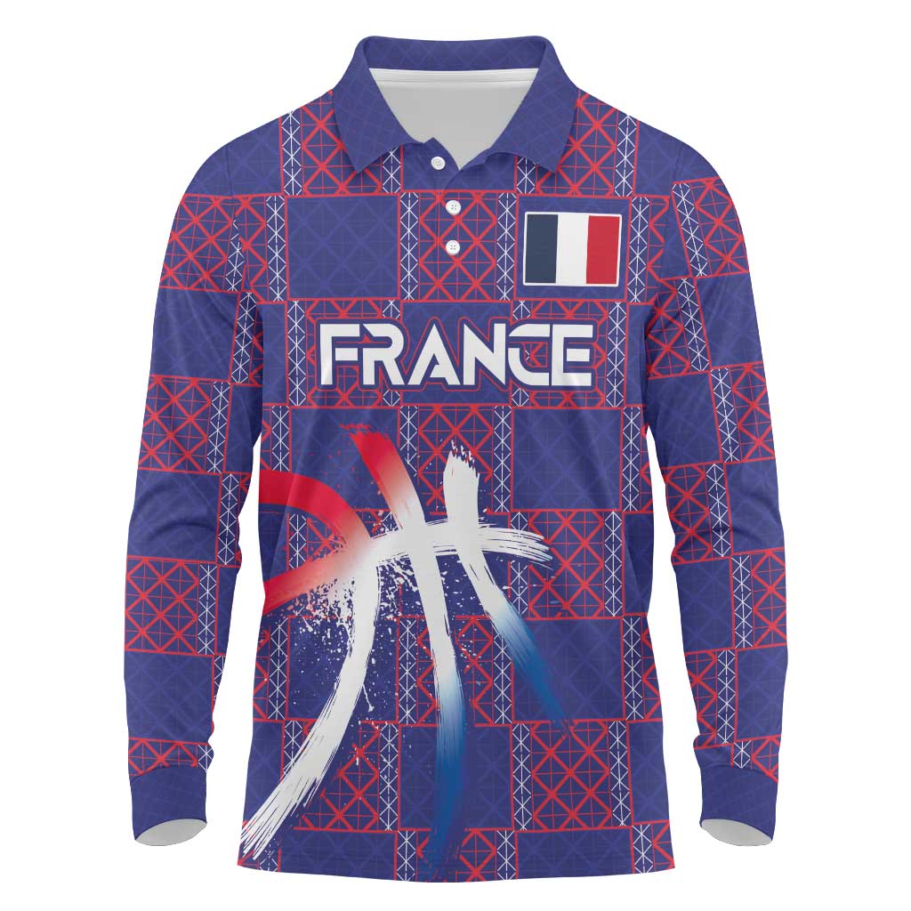 Custom Basketball Fan Jersey French Long Sleeve Polo Shirt Paris Architectural Heritage Checkered Style - Wonder Print Shop