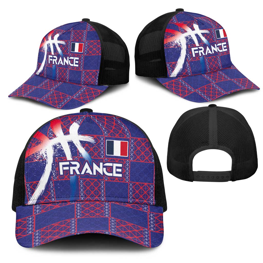 Basketball Fan Jersey French Mesh Trucker Cap Paris Architectural Heritage Checkered Style - Wonder Print Shop