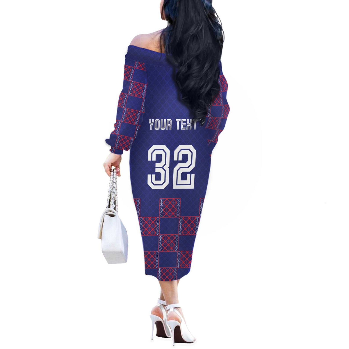 Custom Basketball Fan Jersey French Off The Shoulder Long Sleeve Dress Paris Architectural Heritage Checkered Style - Wonder Print Shop