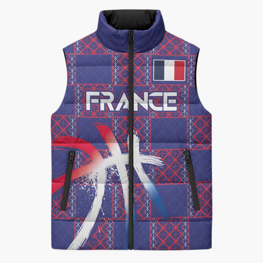 Custom Basketball Fan Jersey French Sleeveless Puffer Jacket Paris Architectural Heritage Checkered Style - Wonder Print Shop