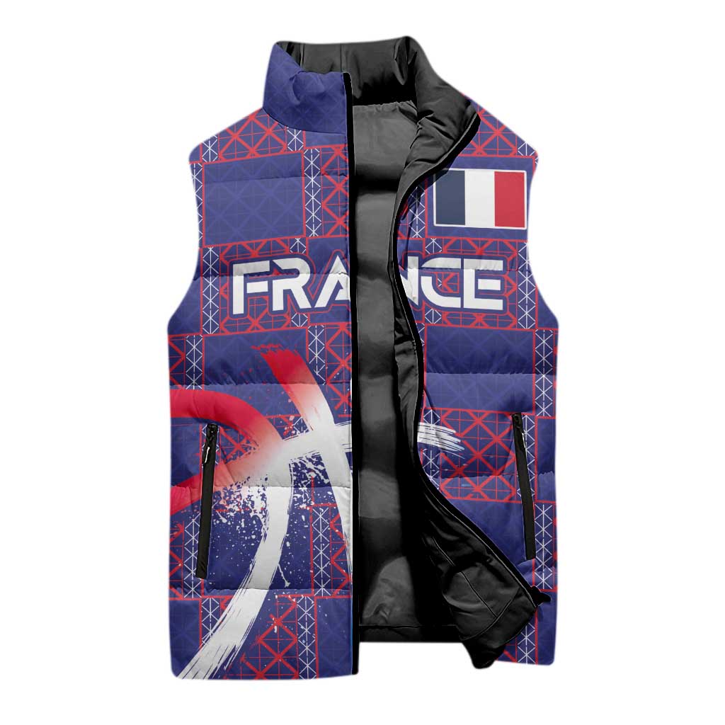 Custom Basketball Fan Jersey French Sleeveless Puffer Jacket Paris Architectural Heritage Checkered Style - Wonder Print Shop