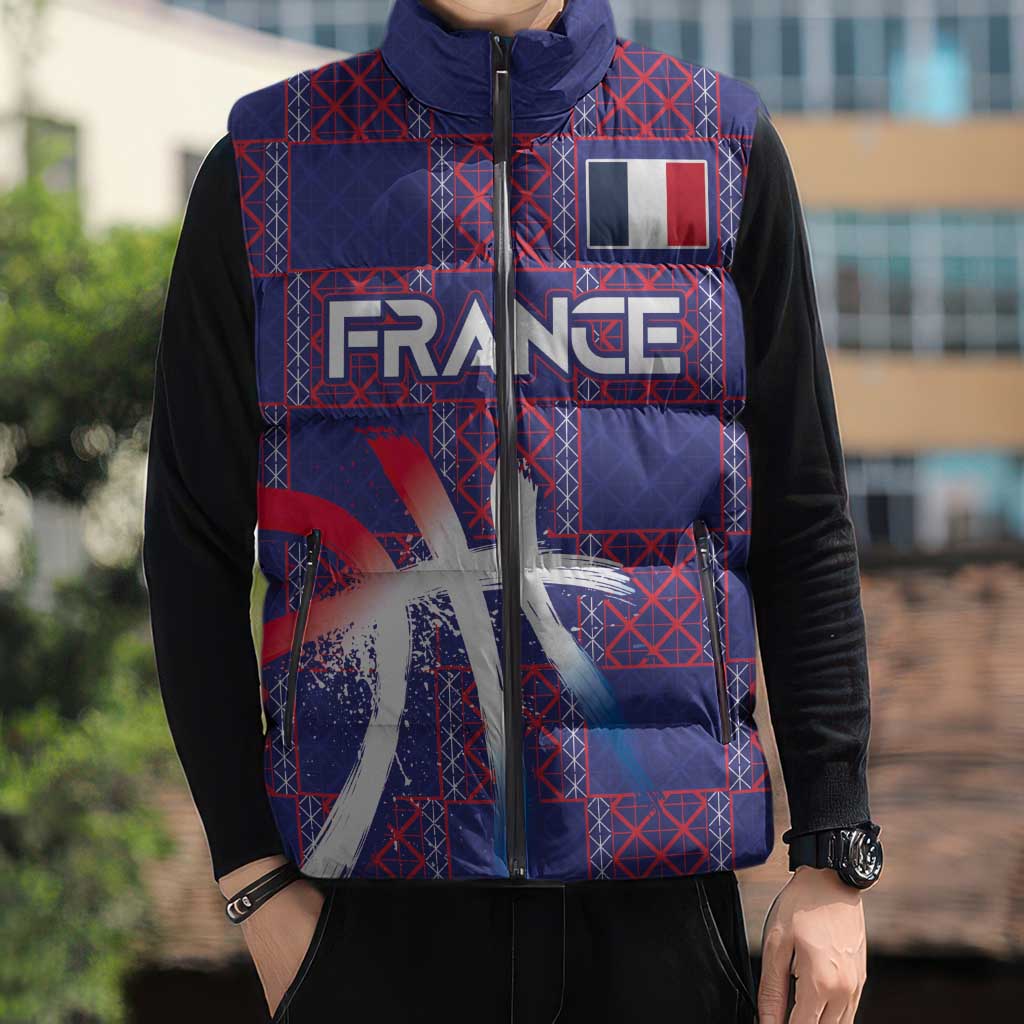 Custom Basketball Fan Jersey French Sleeveless Puffer Jacket Paris Architectural Heritage Checkered Style - Wonder Print Shop