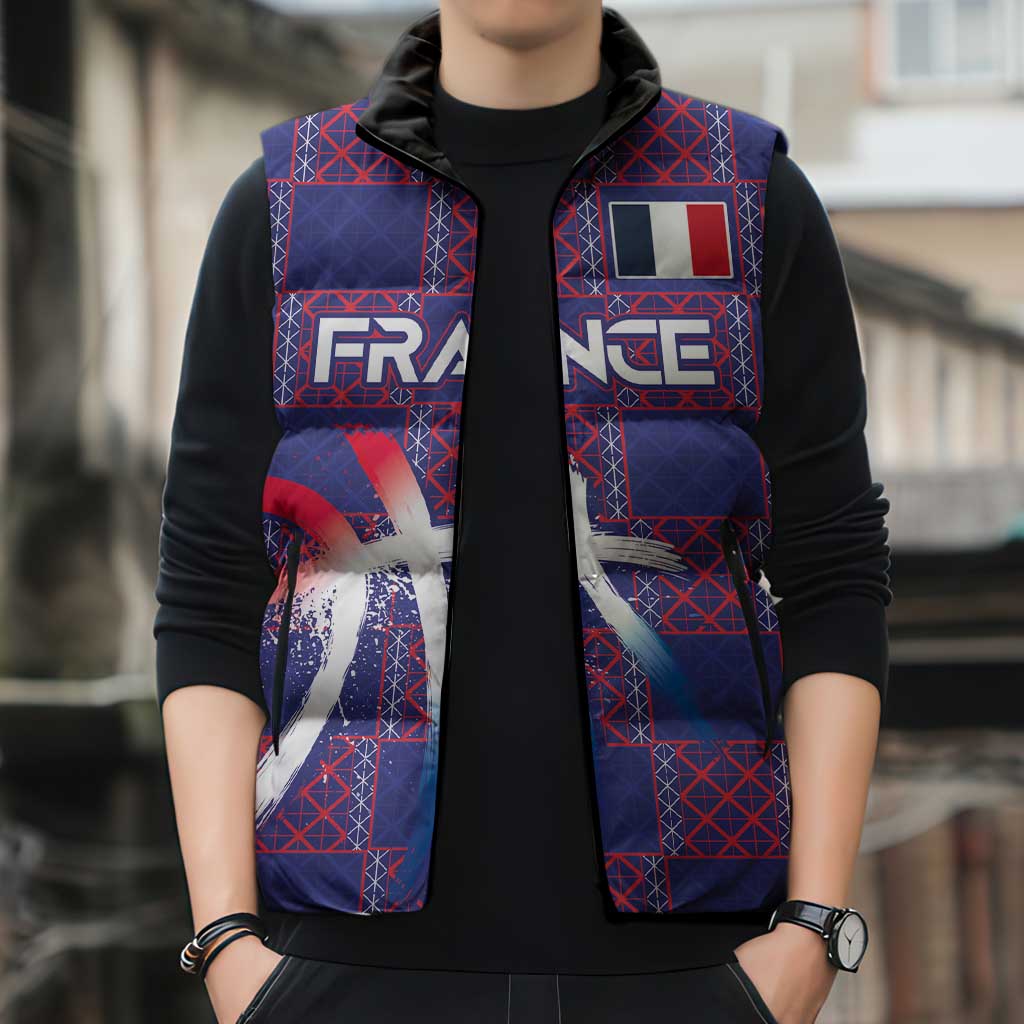 Custom Basketball Fan Jersey French Sleeveless Puffer Jacket Paris Architectural Heritage Checkered Style - Wonder Print Shop