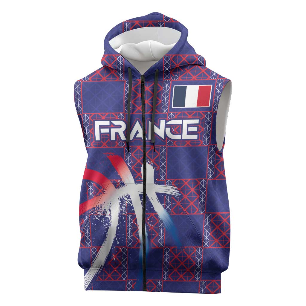 Custom Basketball Fan Jersey French Sleeveless Zip Hoodie Paris Architectural Heritage Checkered Style - Wonder Print Shop