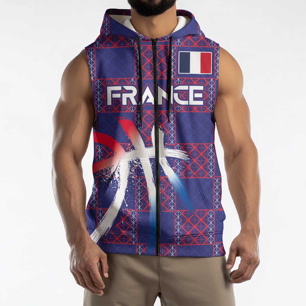 Custom Basketball Fan Jersey French Sleeveless Zip Hoodie Paris Architectural Heritage Checkered Style - Wonder Print Shop