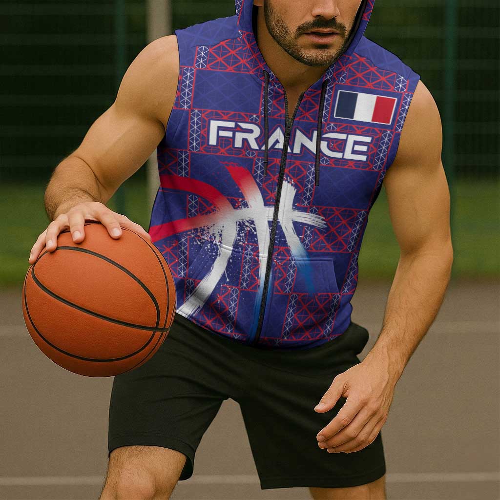 Custom Basketball Fan Jersey French Sleeveless Zip Hoodie Paris Architectural Heritage Checkered Style - Wonder Print Shop