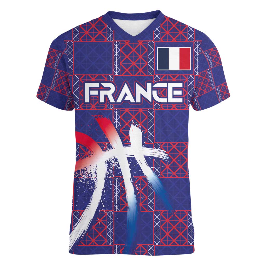 Custom Basketball Fan Jersey French Women V-Neck T-Shirt Paris Architectural Heritage Checkered Style - Wonder Print Shop