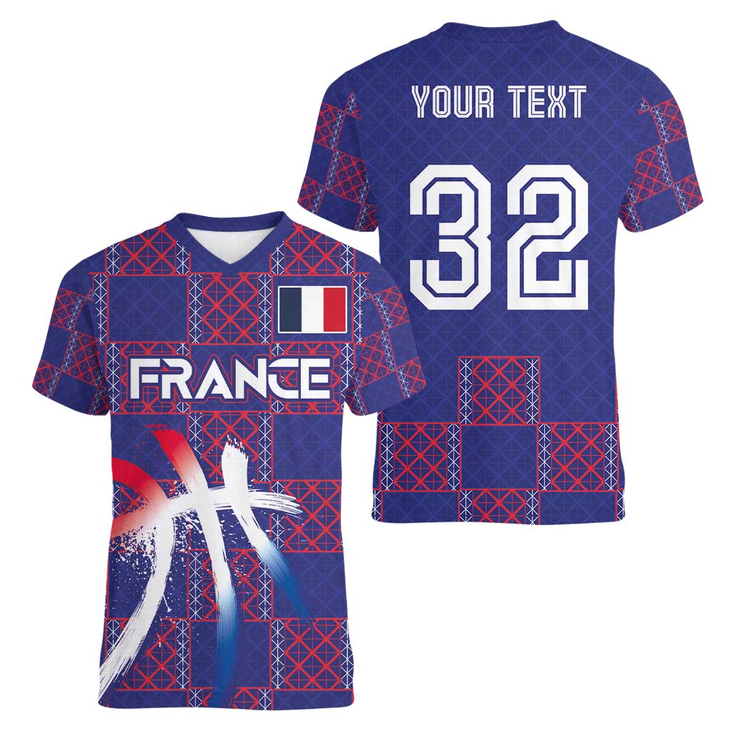 Custom Basketball Fan Jersey French Women V-Neck T-Shirt Paris Architectural Heritage Checkered Style - Wonder Print Shop