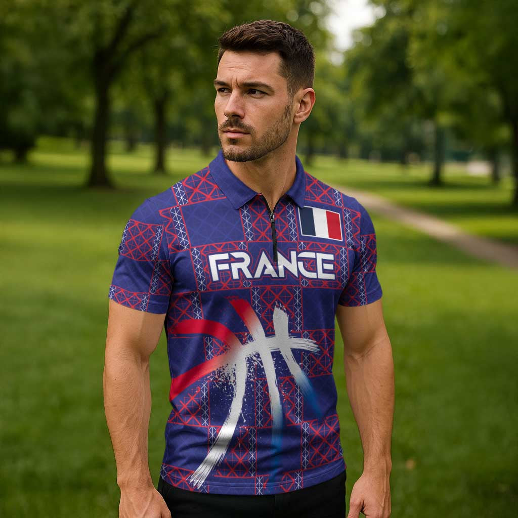 Custom Basketball Fan Jersey French Zipper Polo Shirt Paris Architectural Heritage Checkered Style - Wonder Print Shop