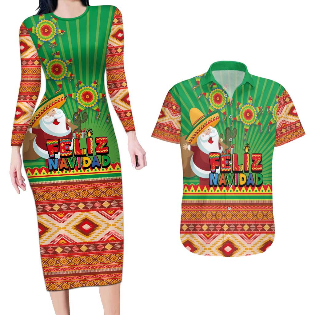 Mexico Couples Matching Long Sleeve Bodycon Dress and Hawaiian Shirt Feliz Navidad Aztec Geometric Pattern - Wonder Print Shop