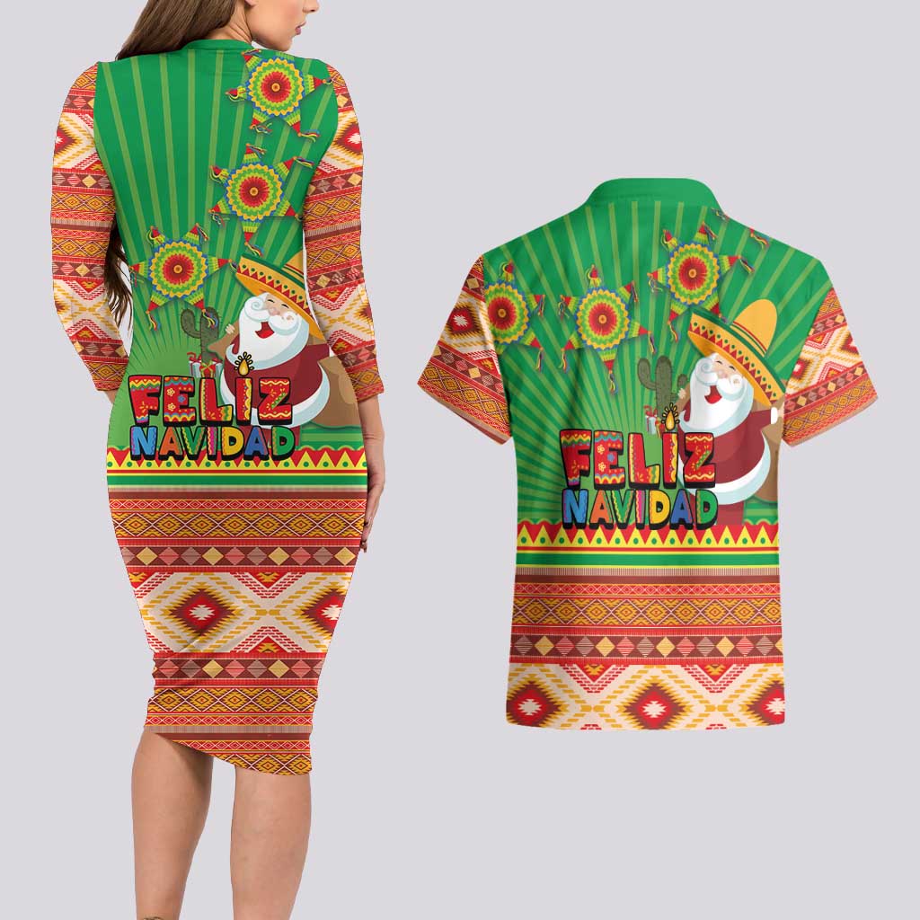 Mexico Couples Matching Long Sleeve Bodycon Dress and Hawaiian Shirt Feliz Navidad Aztec Geometric Pattern - Wonder Print Shop