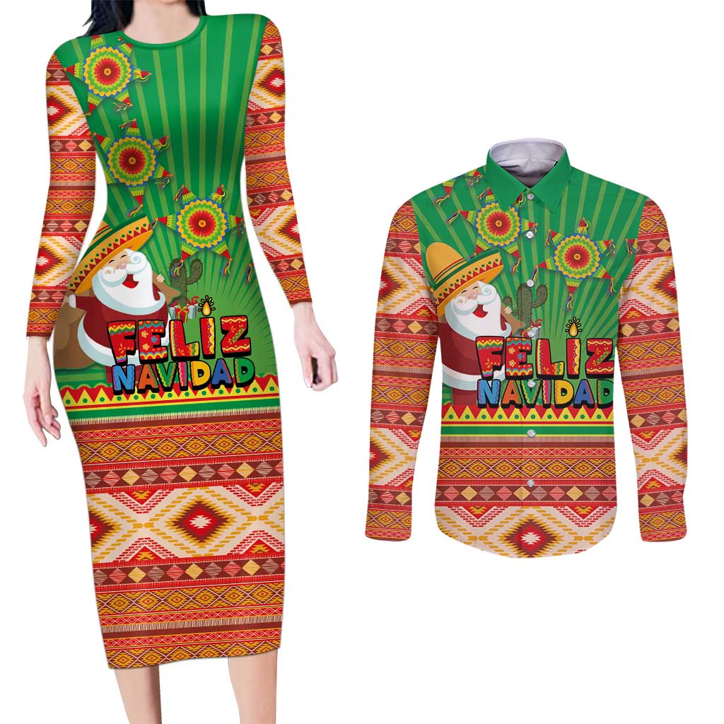 Mexico Couples Matching Long Sleeve Bodycon Dress and Long Sleeve Button Shirt Feliz Navidad Aztec Geometric Pattern - Wonder Print Shop