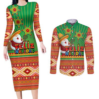 Mexico Couples Matching Long Sleeve Bodycon Dress and Long Sleeve Button Shirt Feliz Navidad Aztec Geometric Pattern - Wonder Print Shop