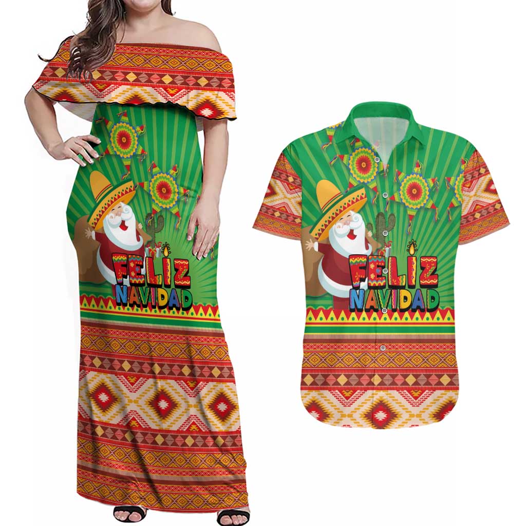 Mexico Couples Matching Off Shoulder Maxi Dress and Hawaiian Shirt Feliz Navidad Aztec Geometric Pattern - Wonder Print Shop