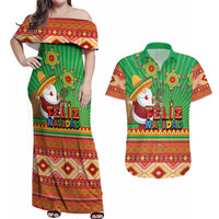 Mexico Couples Matching Off Shoulder Maxi Dress and Hawaiian Shirt Feliz Navidad Aztec Geometric Pattern - Wonder Print Shop