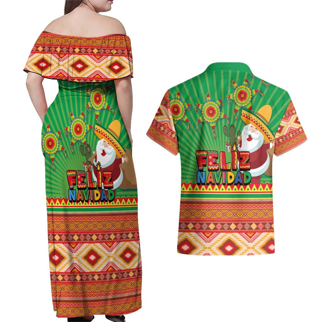 Mexico Couples Matching Off Shoulder Maxi Dress and Hawaiian Shirt Feliz Navidad Aztec Geometric Pattern - Wonder Print Shop