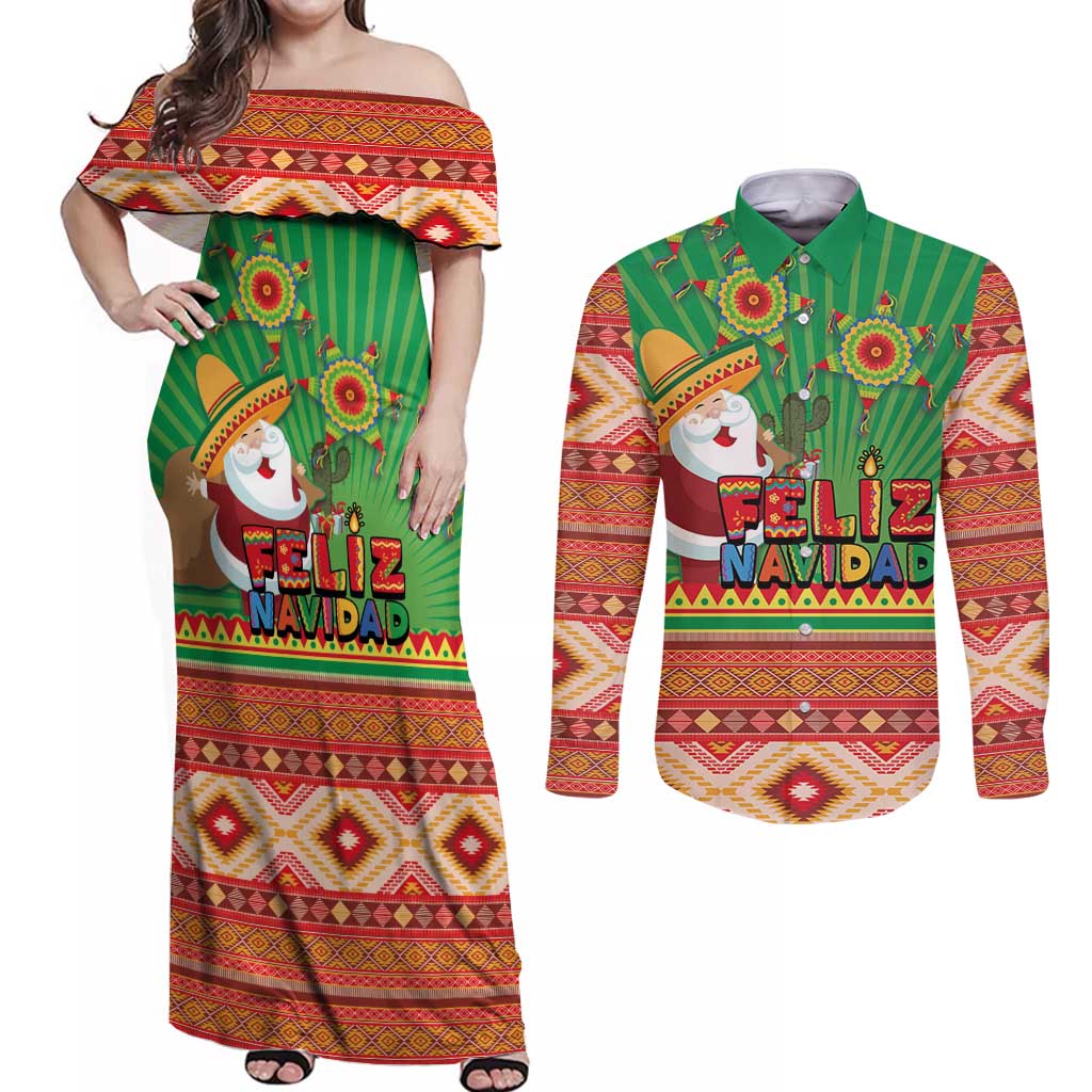 Mexico Couples Matching Off Shoulder Maxi Dress and Long Sleeve Button Shirt Feliz Navidad Aztec Geometric Pattern - Wonder Print Shop
