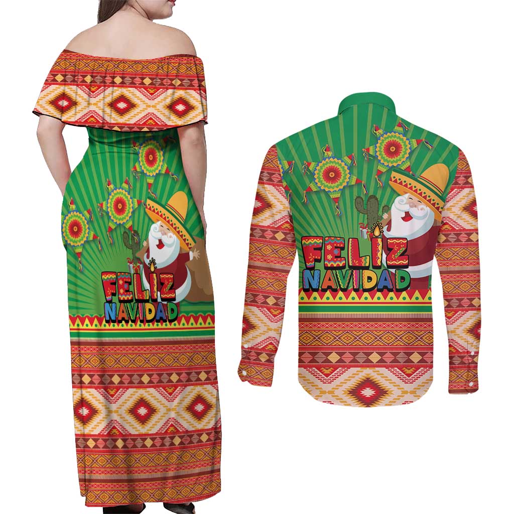 Mexico Couples Matching Off Shoulder Maxi Dress and Long Sleeve Button Shirt Feliz Navidad Aztec Geometric Pattern - Wonder Print Shop