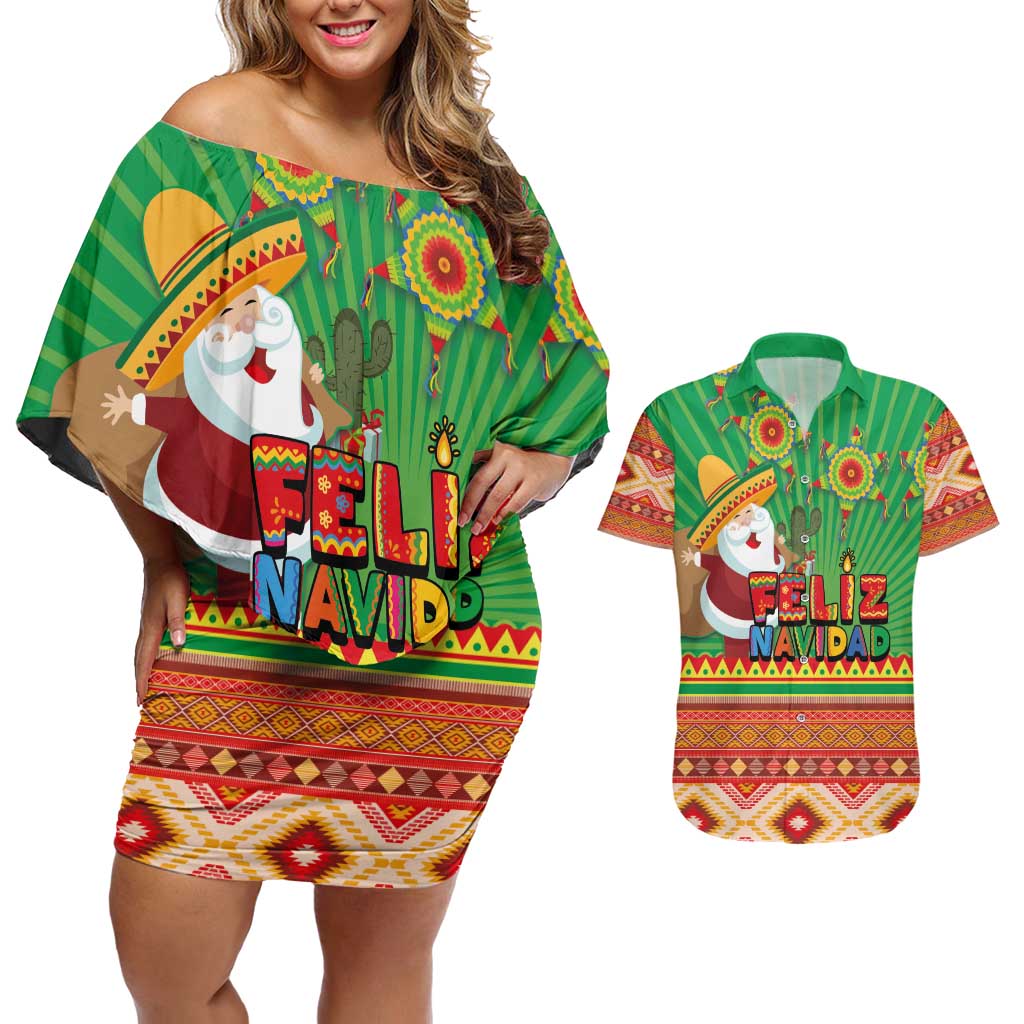 Mexico Couples Matching Off Shoulder Short Dress and Hawaiian Shirt Feliz Navidad Aztec Geometric Pattern - Wonder Print Shop