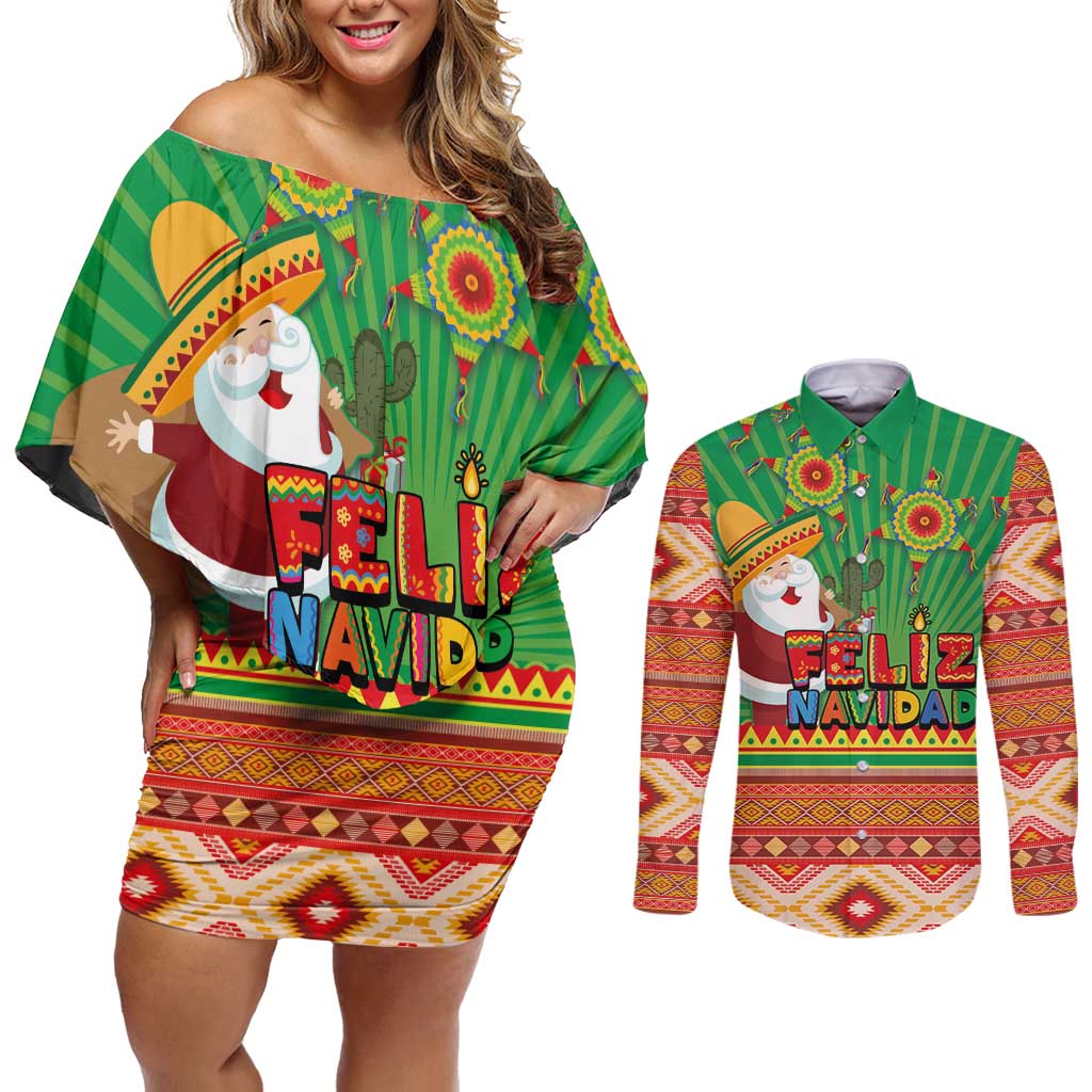 Mexico Couples Matching Off Shoulder Short Dress and Long Sleeve Button Shirt Feliz Navidad Aztec Geometric Pattern - Wonder Print Shop