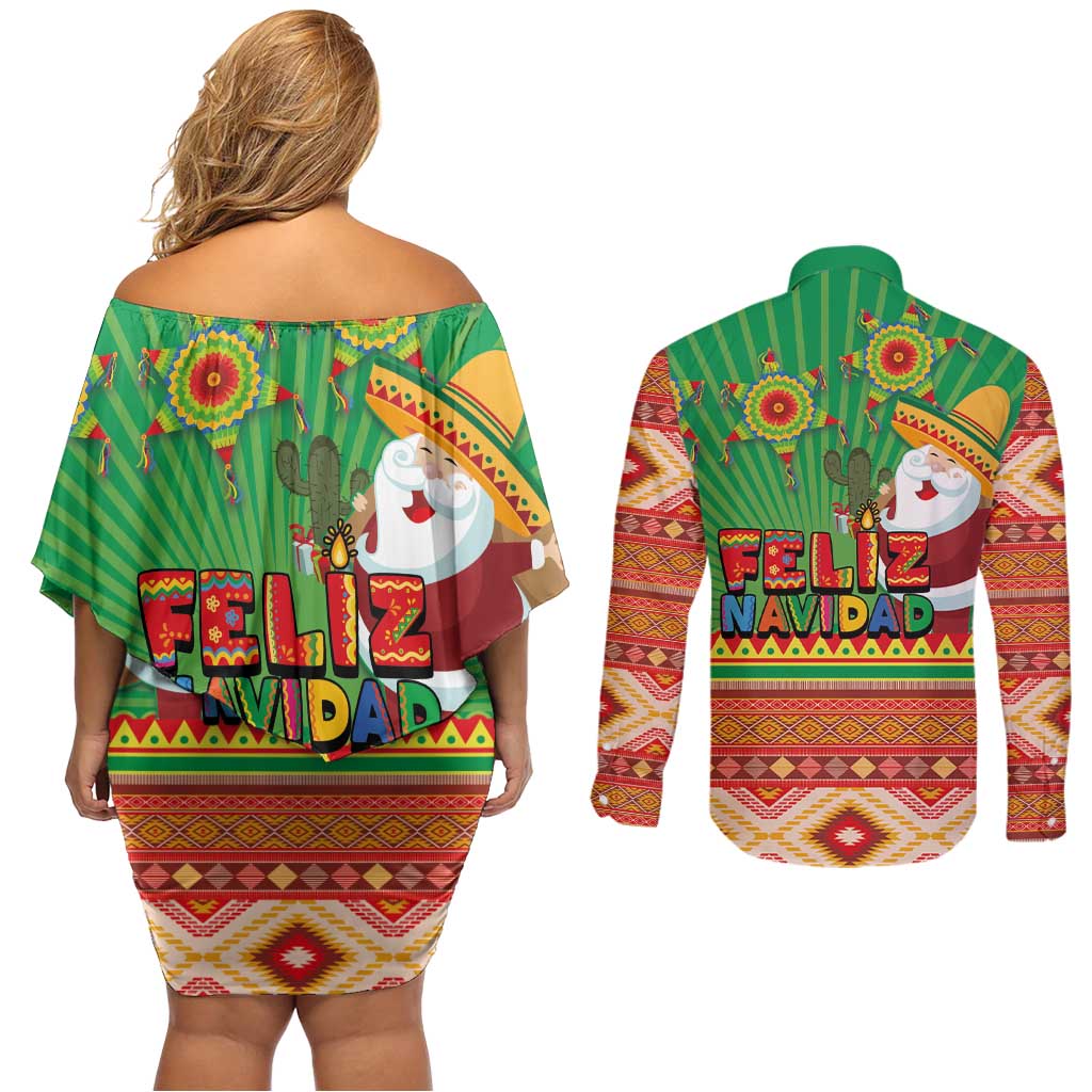 Mexico Couples Matching Off Shoulder Short Dress and Long Sleeve Button Shirt Feliz Navidad Aztec Geometric Pattern - Wonder Print Shop