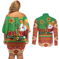 Mexico Couples Matching Off Shoulder Short Dress and Long Sleeve Button Shirt Feliz Navidad Aztec Geometric Pattern - Wonder Print Shop